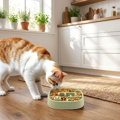 Chat qui mange dans sa gamelle anti glouton chat PawSlowFeeder verte