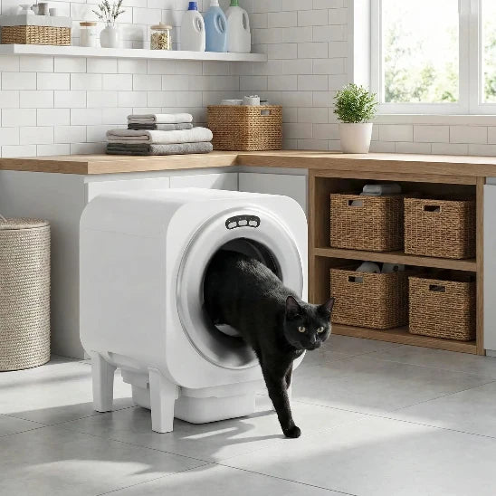 Chat noir qui sort de sa litière automatique