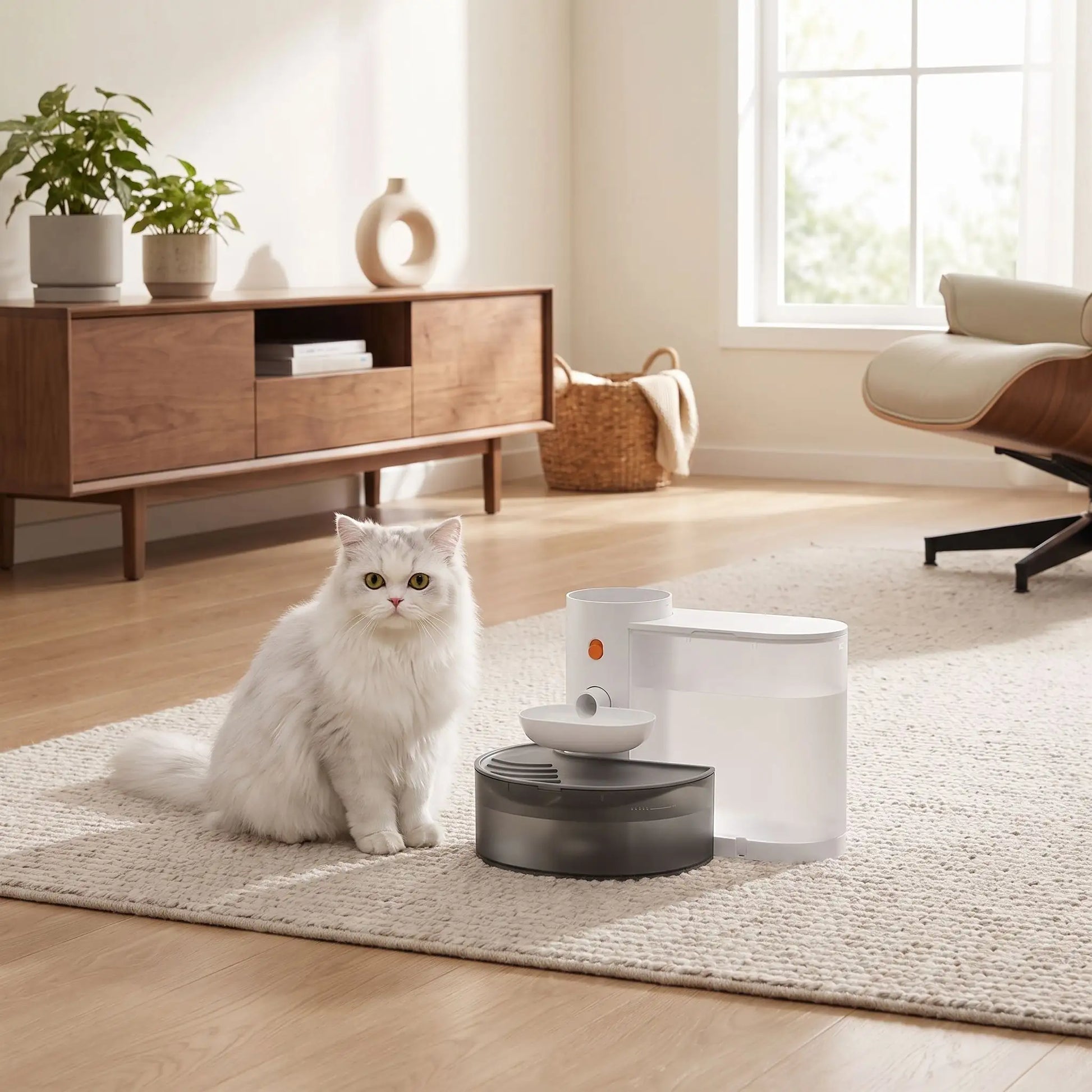 Chat persan, assis devant sa fontaine a eau chat AutoCatWater