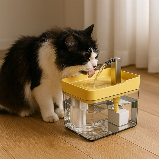Chat qui boit dans sa Fontaine a eau chat CatAutomaticWaterFountain jaune
