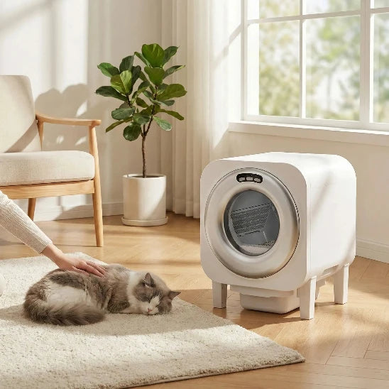 Chat qui dort paisiblement à côté de sa litière automatique