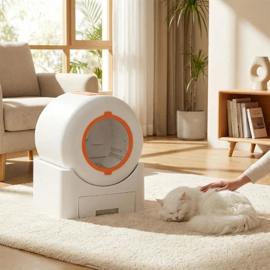 Chat qui dort proche de sa Litière automatique CleanZen