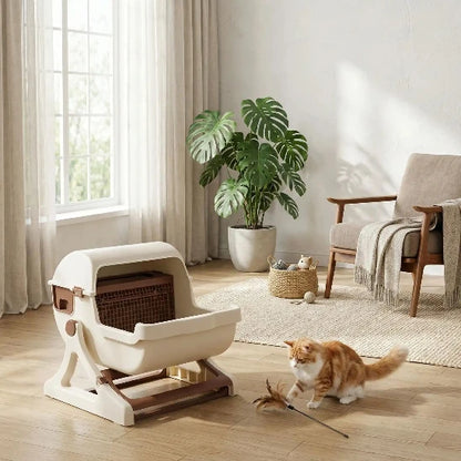 Chat qui joue à côté de sa litière automatique pour chat SimplyCat marron