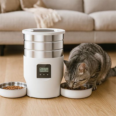 Chat qui mange dans le distributeur de croquettes pour chat AutoTwinFeeder blanc.