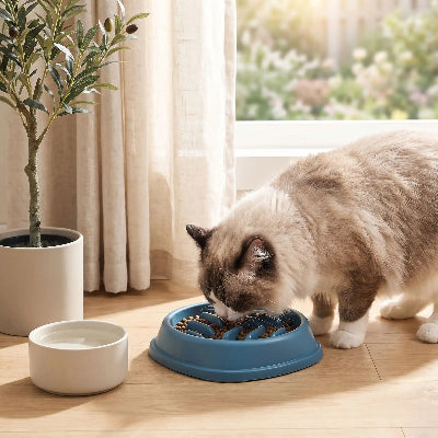 Chat qui mange dans sa gamelle anti glouton chat CroqGreedy