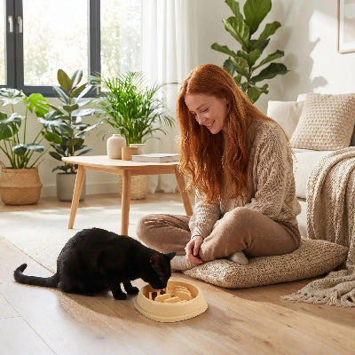 Chat qui mange dans sa gamelle anti glouton chat  CroqGreedy jaune