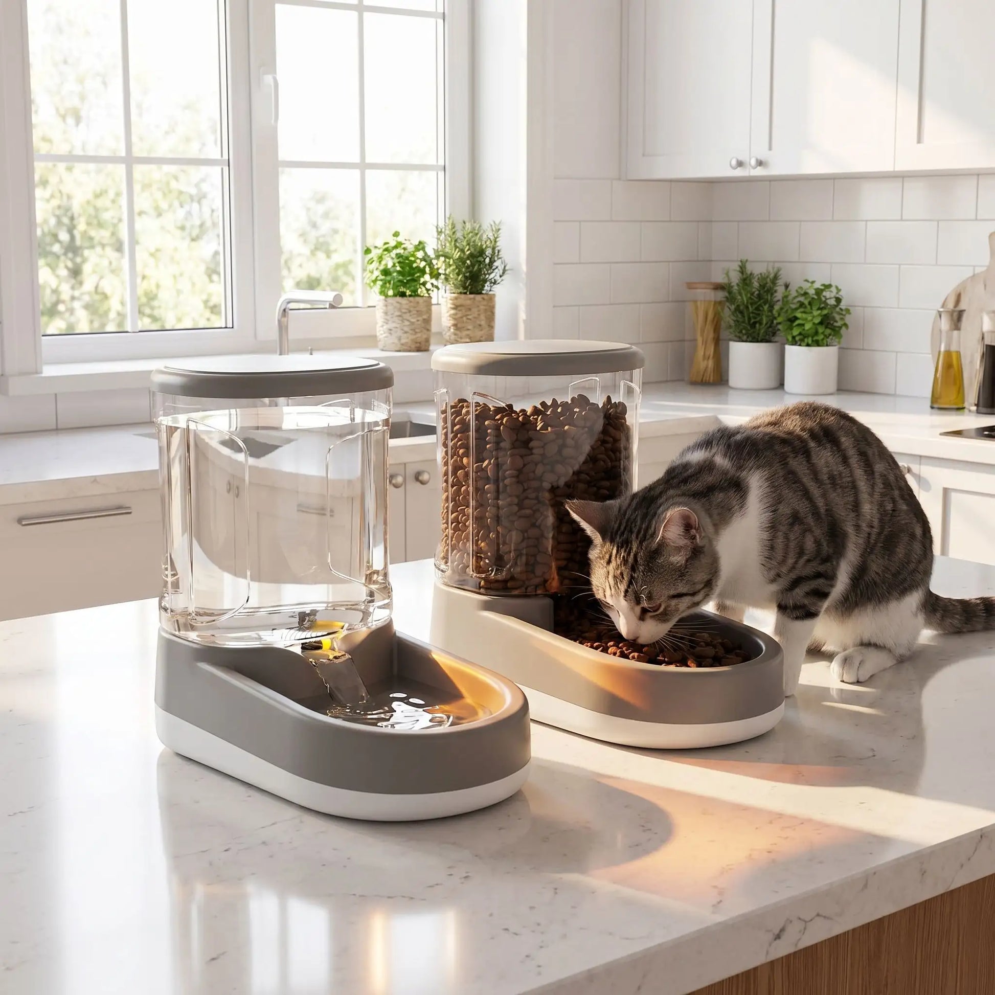  chat qui mange dans son distributeur de croquettes pour chat et eau AutoFeeder-XL