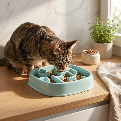 Chat qui mange dans sa gamelle anti glouton chat PawSlowFeeder bleu