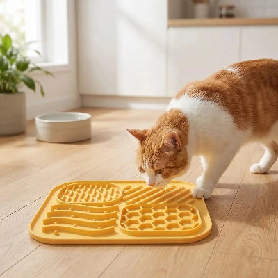 Chat qui mange sur tapis de léchage chat Lech mania jaune