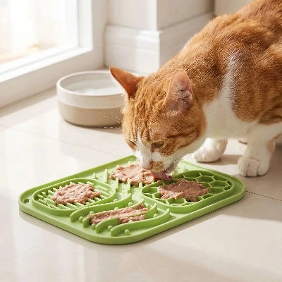 Chat qui mange sur tapis de léchage chat Léch mania vert