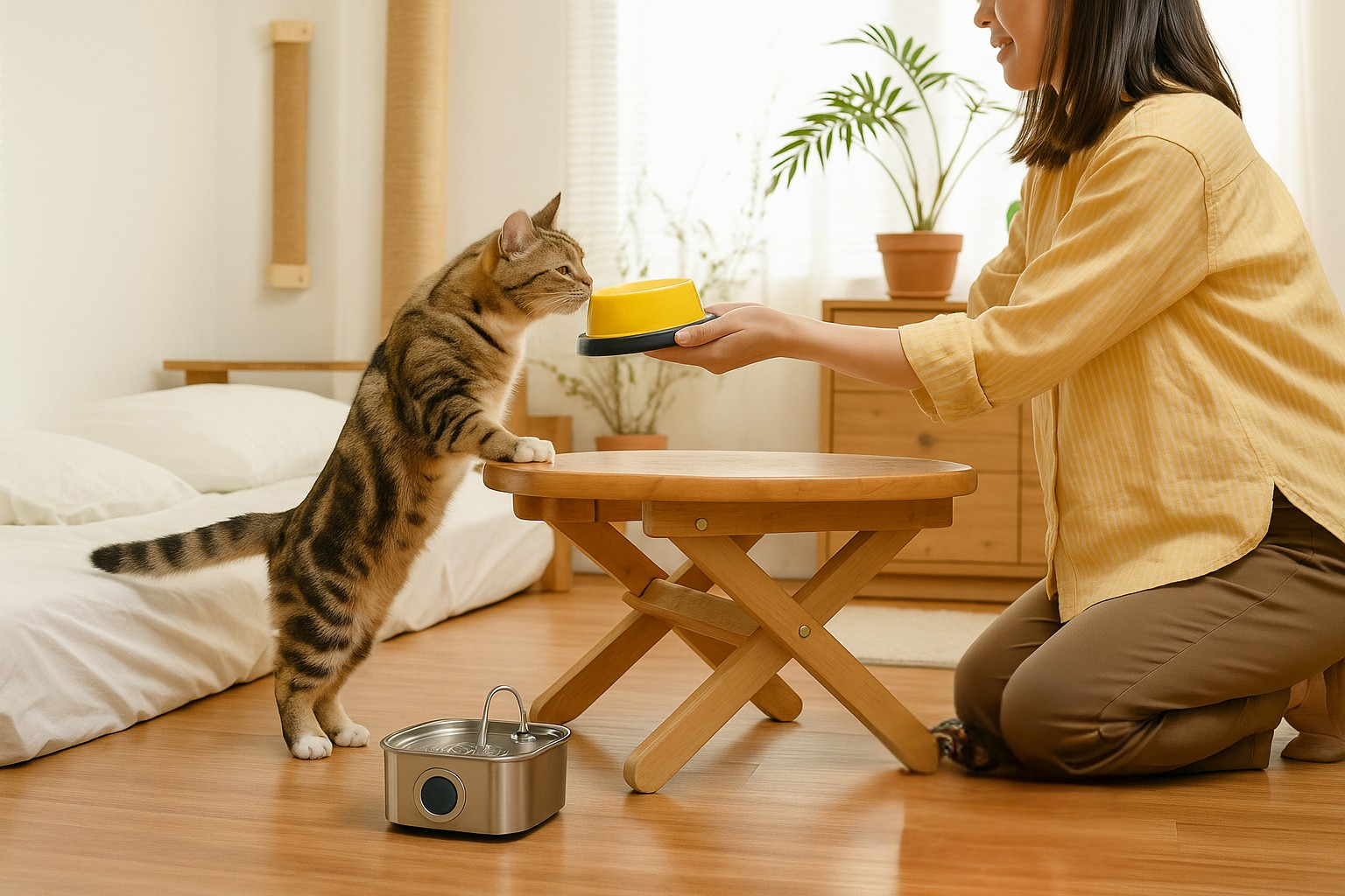 un chat qui renifle la gamelle chat qu’on lui tend avec une fontaine a eau chat et un griffoir chat sur le mur.