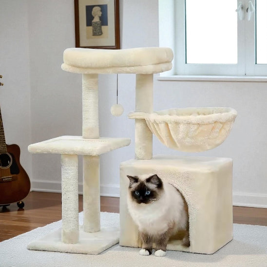 Chat qui sort de sa cachette de son arbre à chat ArboCat beige