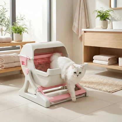 Chat qui sort de sa litière automatique pour chat SimplyCat rose