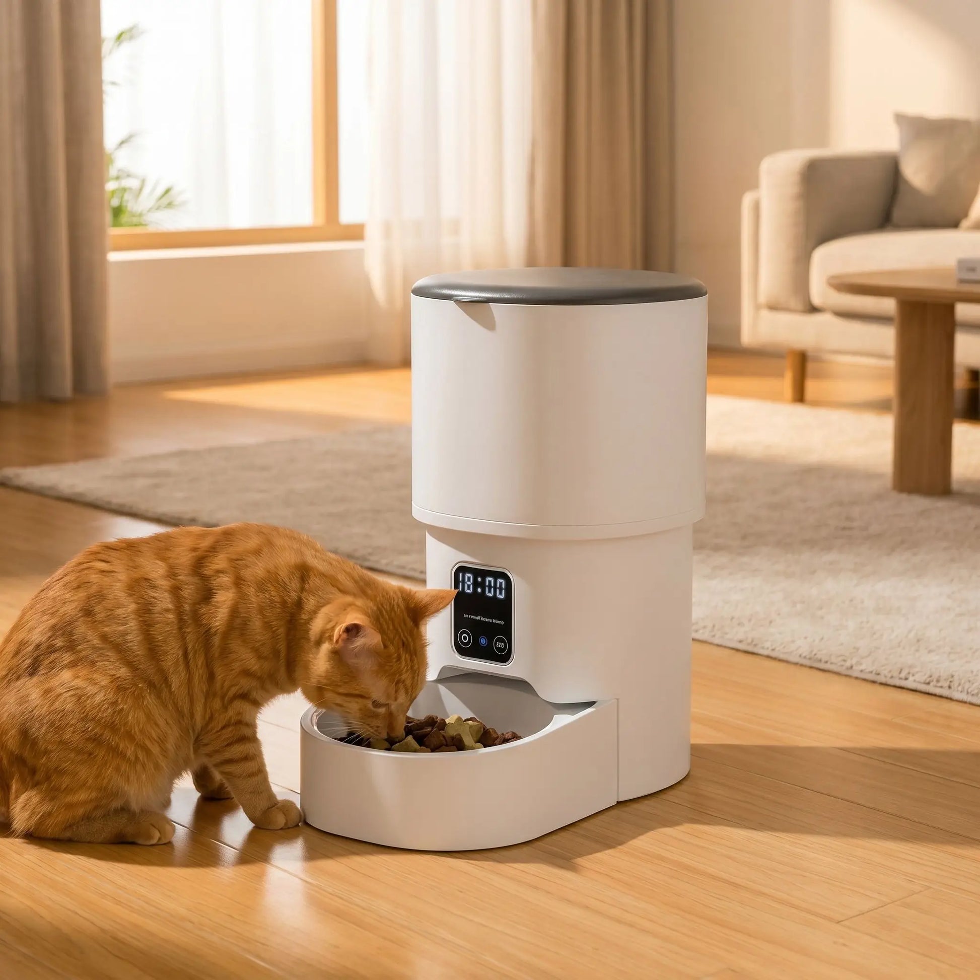 chat roux avec distributeur de croquettes chat ModernCat-Auto