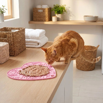 Chat roux qui lèche son tapis de léchage pour chat coeur rose