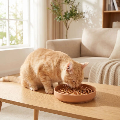 Chat roux qui mange dans gamelle anti glouton chat harmony plate rose