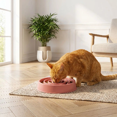 Chat roux qui mange dans sa gamelle  anti glouton chat  SlowMeal rose