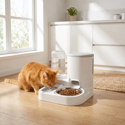  chat roux qui mange dans son distributeur de croquettes pour chat foodfeline