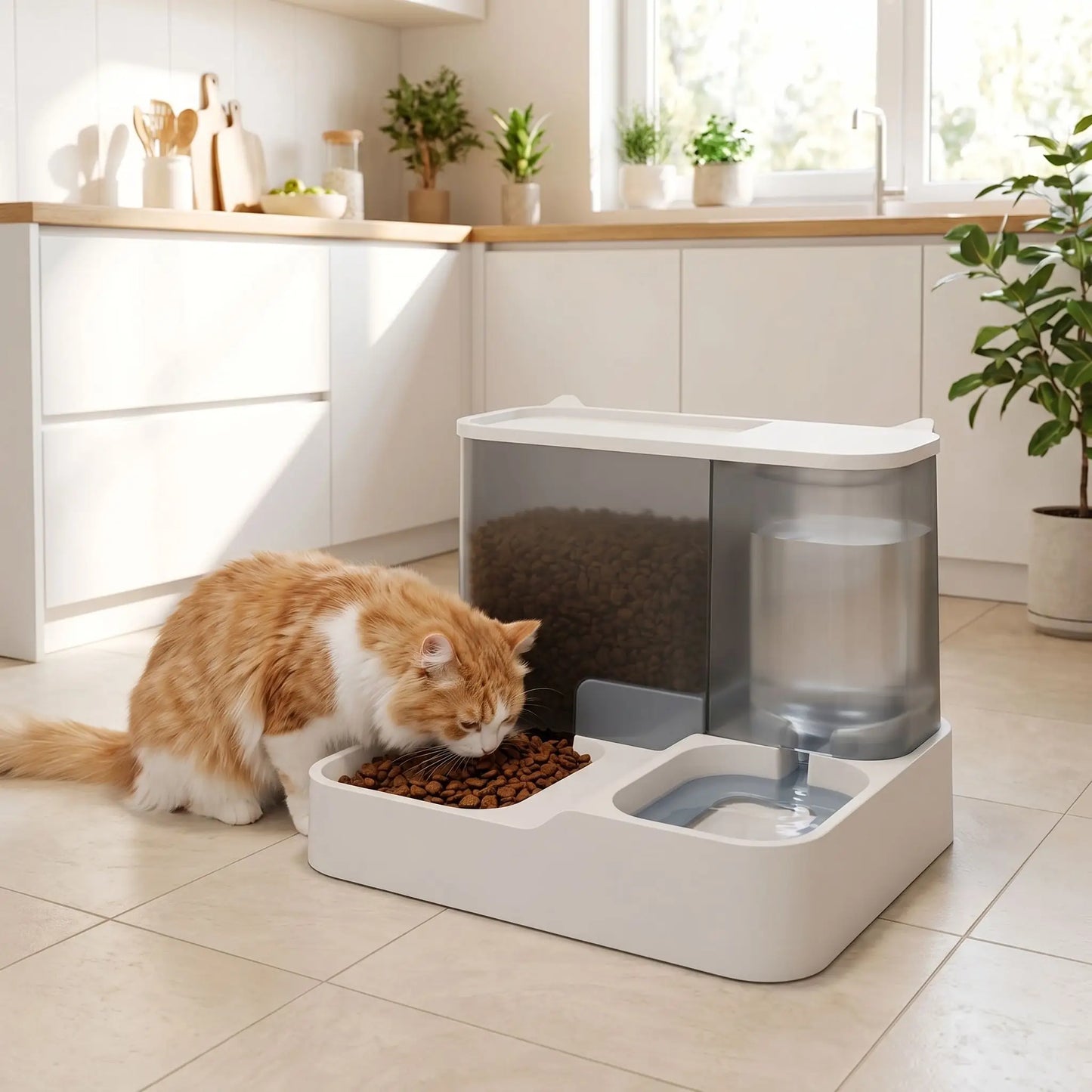Chat roux qui mange dans son distributeur de croquettes pour chat purrfectsupply