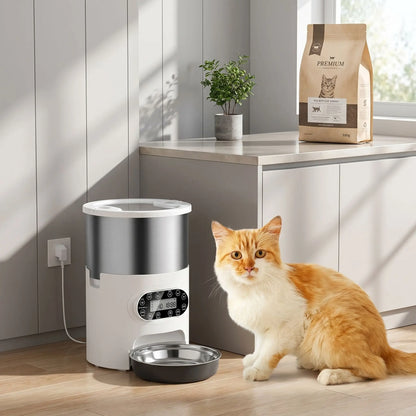  chat roux qui se restaure avec son distributeur automatique croquettes chat FeedFlowConnect dans une cuisine