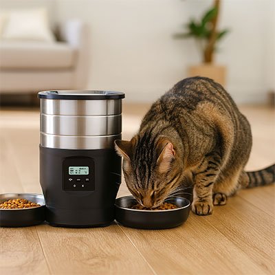 Chat tigré qui mange dans son distributeur de croquettes pour chat AutoTwinFeeder