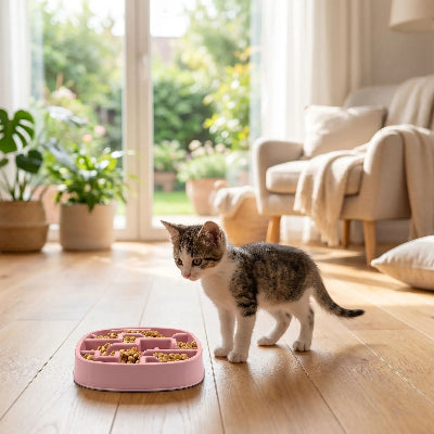 Chaton devant sa gamelle anti glouton chat PawSlowFeeder rose