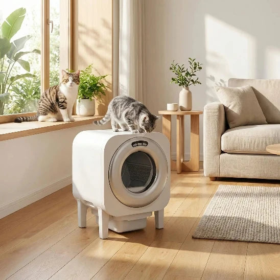 Chats qui explorent leur litière automatique