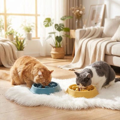 Deux Chats qui mangent dans les gamelles anti glouton chat Croq' labyrinthe jaune et bleu.