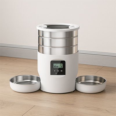 Distributeur de croquettes pour chat AutoTwinFeeder blanc.
