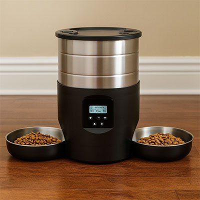 Distributeur de croquettes pour chat AutoTwinFeeder noir. 
