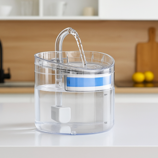 Fontaine a eau chat CrystalSteel sur plan de cuisine.