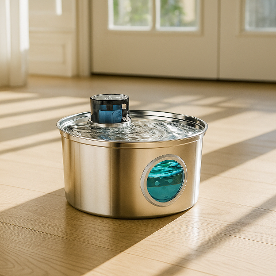 Fontaine à eau Chat FreshFelin dans pièce ensoleillée.