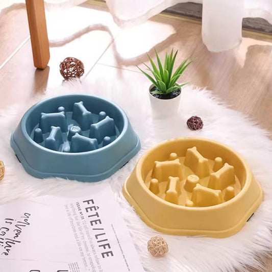 Gamelle anti glouton chat Croq’Labyrinthe jaune et bleue au sol