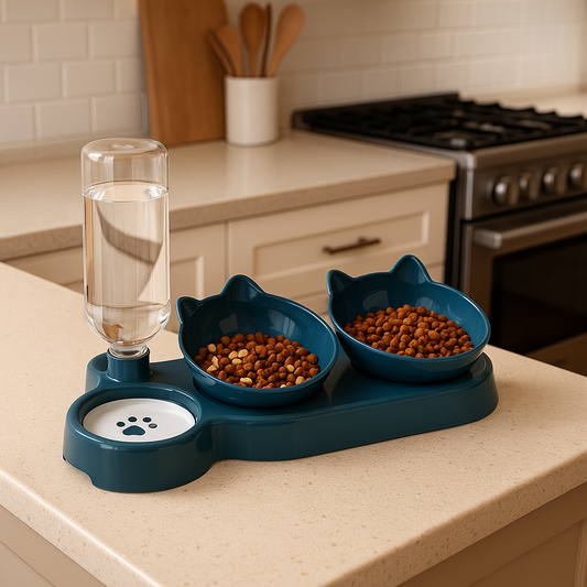 Gamelle chat Hydrat+Bowl bleue sur cuisine 
