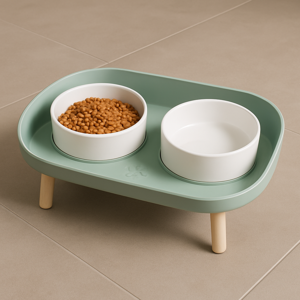 Gamelle chat ScandiSteel1 verte posée sur un sol carrelage