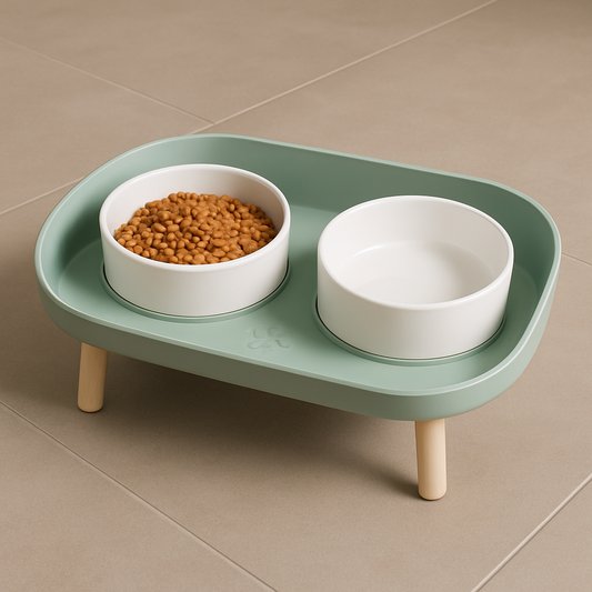 Gamelle chat ScandiSteel1 verte posée sur un sol carrelage