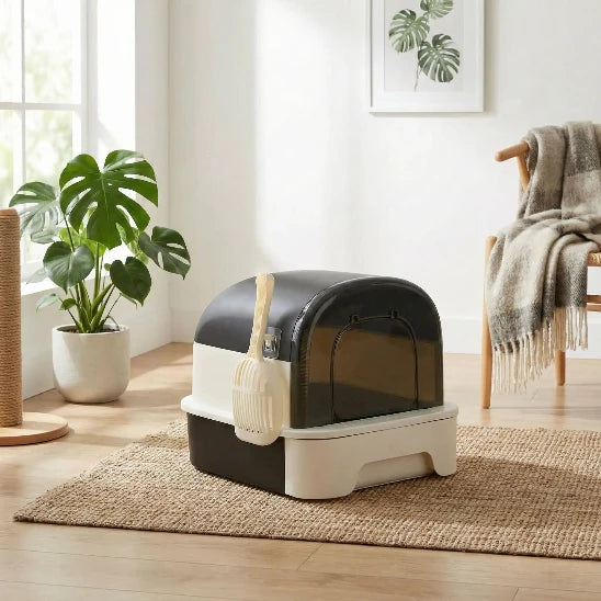 Maison de toilette pour chat la modulable noire et sa pelle
