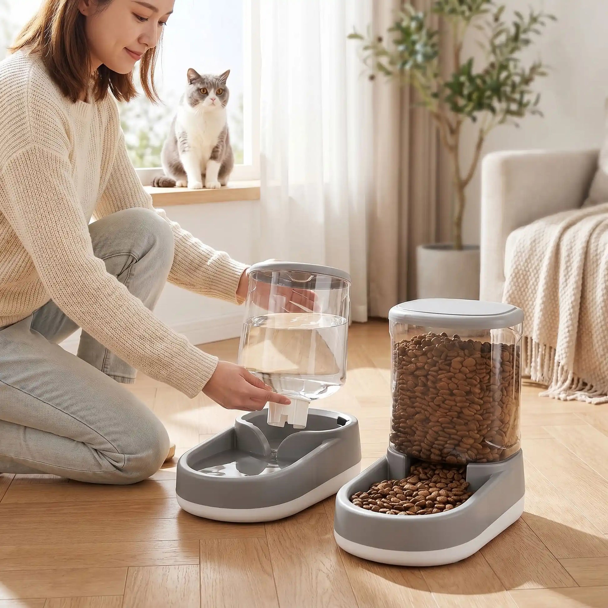 Remplissage distributeur de croquettes pour chat et eau AutoFeeder-XL gris