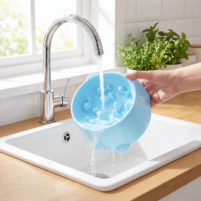 Rinçage, gamelles anti glouton chat bleue