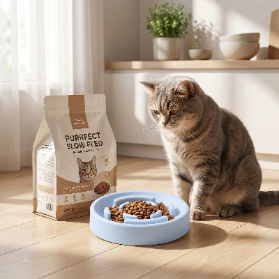 Chat, assis à côté de sa gamelle pour chat anti glouton FeliFlow bleu