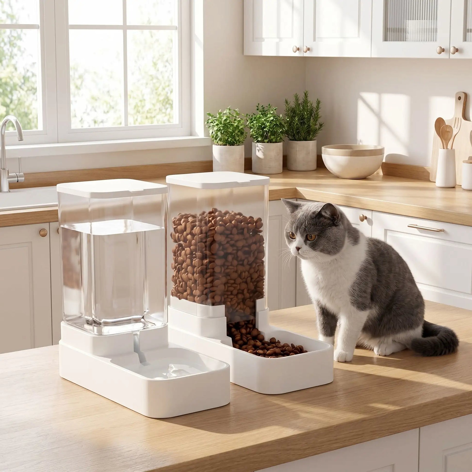 Chat, assis à côté de son distributeur de croquettes pour chat Auto7days