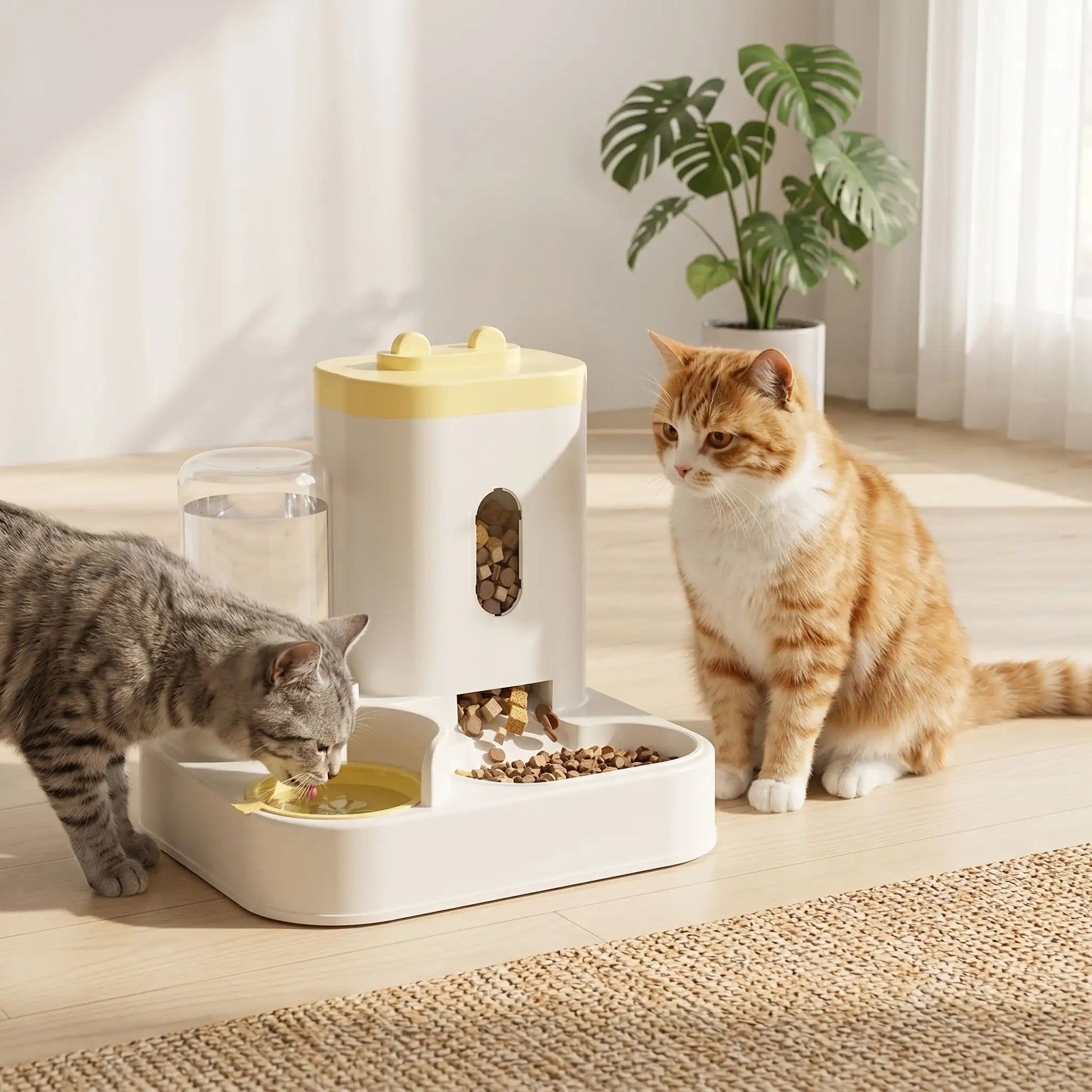  chat, assis à côté du distributeur croquette chat  AutoMeal-2-en-1 jaune
