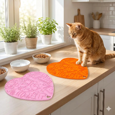 chat assis devant les deux variantes du tapis de léchage pour chat LoveFood