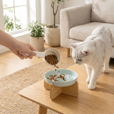 Chat blanc devant gamelle anti glouton  chat ZenBowl socle bleu.