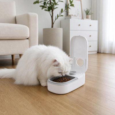 Chat blanc et Distributeur automatique croquettes Chat