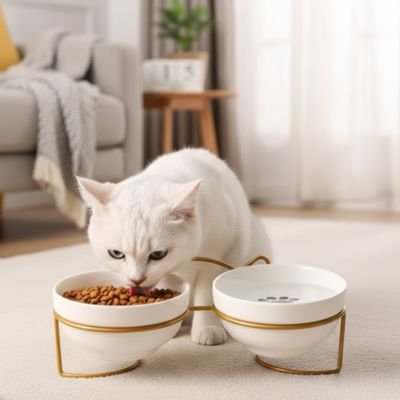 Chat blanc et sa Gamelle chat surélevée 