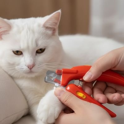 Chat blanc et son Coupe griffe pour chat rouge