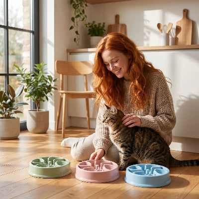 Chat et sa maîtresse devant les gamelles anti glouton chat Croq' Patte