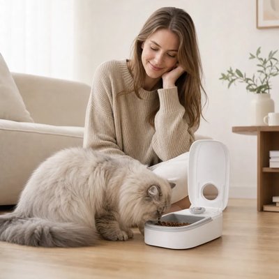 chat et sa maitresse devant Distributeur automatique croquettes Chat