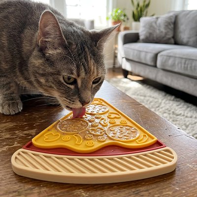 Chat et son Tapis de lechage pizza